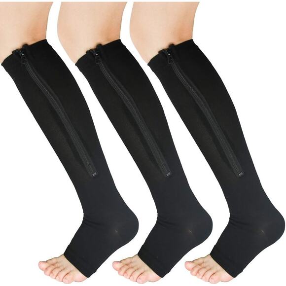 3 Pairs Zipper Compression Socks Women Open Toe Black L/XL - Picture 1 of 7